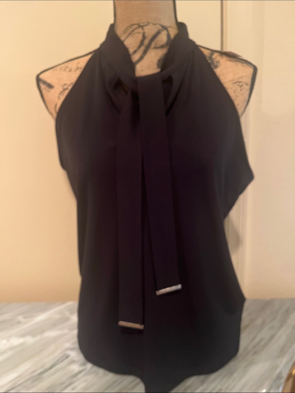 New York & Company Black Sleeveless Tie-Neck Blouse